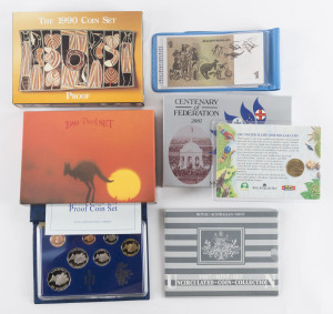 Assortment with Coin sets comprising 1987, 1989, 1990 & 2001 (Centenary of Federation) Proof sets (retail $250+), also 1987 uncirculated coin set, and 1984 First One Dollar Coin/Last One Dollar Note (prefix DNS) pack, plus 1983 $1 Water is Life uncirculated. (7 items)