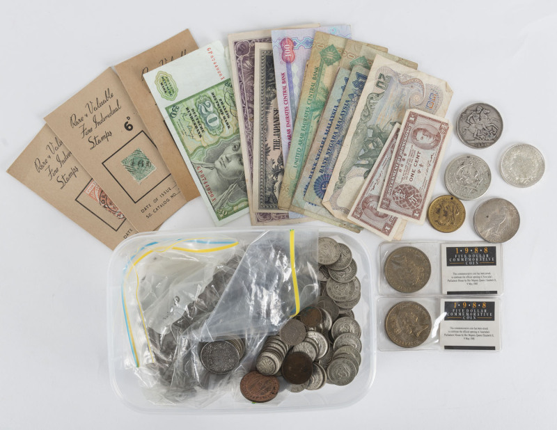 Coins - World: Mostly circulated assortment with Great Britain 1892 Crown, France 1972 10 Francs, India 1900 1 rupee, USA 1925 dollar; Australia with 1937 Crown, 1914, 1925, 1936 & 1947 florins, 1 shillings (40+), also sixpences, pennies and half-pennie