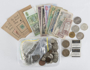 Coins - World: Mostly circulated assortment with Great Britain 1892 Crown, France 1972 10 Francs, India 1900 1 rupee, USA 1925 dollar; Australia with 1937 Crown, 1914, 1925, 1936 & 1947 florins, 1 shillings (40+), also sixpences, pennies and half-pennies and 50c Rounds (4), plus an 1897 Jubilee medallion, 1988 uncirculated $5 (2), 2004 Eureka Stockade $5, and a few banknotes. (qty)