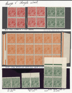 COMMONWEALTH OF AUSTRALIA: KGV Heads - Collections & Accumulations: Mint varieties selection, some within multiples with Single Wmk WATERMARK INVERTED 1½d Black-Brown, 1½d Red & 4d Orange, also 1d Green block of 4 with "Wattle line" & "Neck flaw", ½d Orange block of 18 with "Eight wattles at right", also No Wmk 1d Green pairs with "RA joined" or "Secret mark", etc, generally fine.