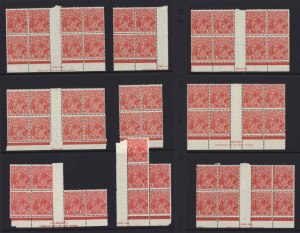 COMMONWEALTH OF AUSTRALIA: KGV Heads - Small Multiple Watermark Perf 13½ x 12½: 1½d Red in multiples many with part or complete imprints including Ash 'N' over 'A' imprint block of 15, Ash 'N' over 'N' imprint blocks of 8 (4), Mullett imprint block of 6 (perf separations), several other partial imprints blocks, plus blocks of 15 & 16 without imprints; sure to be ACSC varieties and ideal for specialist study; few gumside tones, generally fine MUH.