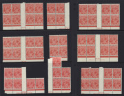 COMMONWEALTH OF AUSTRALIA: KGV Heads - Small Multiple Watermark Perf 13½ x 12½: 1½d Red in multiples many with part or complete imprints including Ash 'N' over 'A' imprint block of 15, Ash 'N' over 'N' imprint blocks of 8 (4), Mullett imprint block of 6 (