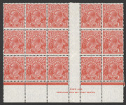 COMMONWEALTH OF AUSTRALIA: KGV Heads - Small Multiple Watermark Perf 13½ x 12½: 1½d Red in multiples many with part or complete imprints including Ash 'N' over 'A' imprint block of 15, Ash 'N' over 'N' imprint blocks of 8 (4), Mullett imprint block of 6 ( - 2