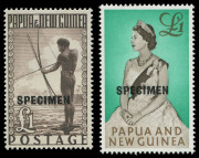 PAPUA NEW GUINEA: 1952-65 Overprinted 'SPECIMEN' group comprising 1952-58 10/- Map & &pound;1 Fisherman MUH 1963 10/- Rabaul & &pound;1 QEII MVLH, 1964 10/- Bird MUH. Desirable group.