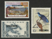 PAPUA NEW GUINEA: 1952-65 Overprinted 'SPECIMEN' group comprising 1952-58 10/- Map & £1 Fisherman MUH 1963 10/- Rabaul & £1 QEII MVLH, 1964 10/- Bird MUH. Desirable group. - 2