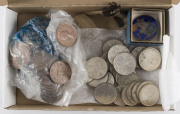 Coins & Banknotes: General & Miscellaneous Lots: Miscellany with Great Britain 1887 enamelled Crown brooch, Australia 1966 50c Rounds (27), small quantity of circulated Pennies, few others coins including silver threepences.