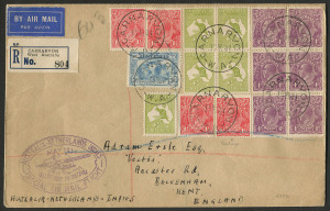 COMMONWEALTH OF AUSTRALIA: Aerophilately & Flight Covers: 22 May 1931 (AAMC.206) Australia-Netherland Indies registered flown cover addressed to England with attractive franking comprising Roos Third Wmk 3d Die I block of 4 & single, KGV Single Wmk 4d violet block of 6 & 1½d red (4) one with "PQSTAGE" flaw, plus 3d Kingsford Smith, flight cachet in violet, Carnarvon & Wyndham (WA) backstamps. Lovely item.