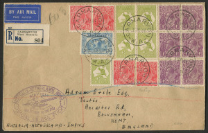 COMMONWEALTH OF AUSTRALIA: Aerophilately & Flight Covers: 22 May 1931 (AAMC.206) Australia-Netherland Indies registered flown cover addressed to England with attractive franking comprising Roos Third Wmk 3d Die I block of 4 & single, KGV Single Wmk 4d vio