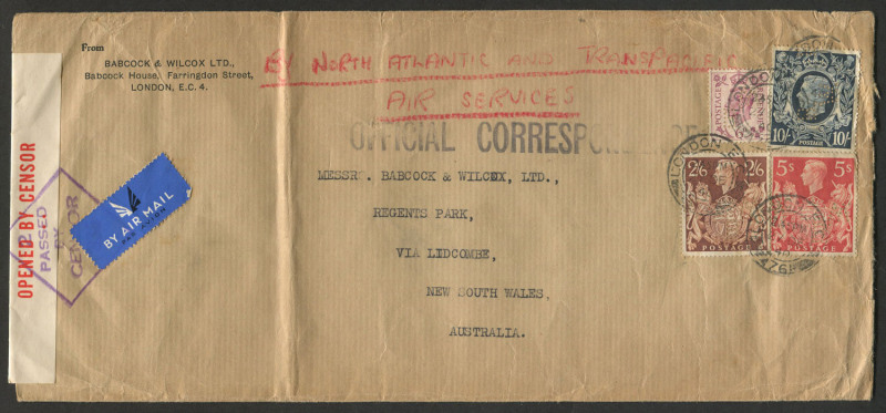 GREAT BRITAIN - Postal History: 1940 (Dec.27) Babcock & Wilcox quadruple rate (4/6d x4) censored airmail cover to Australia with KGVI 10/- dark blue, 5/-, 2/6d brown & 6d all with "BW" perfins, cover endorsed "BY NORTH ATLANTIC AND TRANSPACIFIC/AIR SERVI