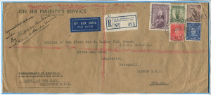 COMMONWEALTH OF AUSTRALIA: Postal History: 1941 (Mar.8) Dept of the Navy registered double-rate airmail cover to England endorsed "Australia-New Zealand-United Kingdom with 10/- Robes, 1/- Lyrebird, 6d Kooka and KGVI 3d & 2d, paying 5/10d clipper rate x2 plus 3d registration, stamps tied by TELEGRAPH OFFICE/GPO MELBOURNE datestamp, cover addressed to "Admiral of the Fleet Sir A. Dudley P.R. Pound". Typed annotations describe the flight route.