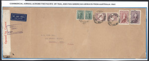 COMMONWEALTH OF AUSTRALIA: Postal History: 1941 (Apr.16) quintuple-rate airmail cover to USA with 19/8d franking comprising 10/- Robes, 5/- Robes, 2/- Roo pair & 4d Koala pair paying airmail fee of 4/- for the first &frac12;oz plus 3/11d x4 for each subsequent