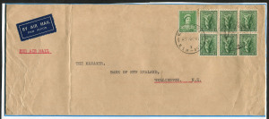 COMMONWEALTH OF AUSTRALIA: Postal History: 1941 (May 16) quintuple-rate airmail rate to New Zealand with 4d Koala block of 6 plus 1d QM paying the 5d per ½oz rate x5, stamps tied by GPO SYDNEY/AIR datestamp.