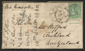 GREAT BRITAIN - Postal History: GREAT BRITAIN - Postal History: GREAT BRITAIN - Postal History: 1860 (Dec.24) cover to New Zealand, with a 1/- green (SG.72) single franking with lower margin printed "1 Shilling / per Label", tied by Edinburgh "181" duplex and Auckland unframed cds. Cat. £425 on cover.
