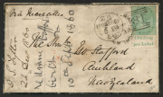 GREAT BRITAIN - Postal History: GREAT BRITAIN - Postal History: GREAT BRITAIN - Postal History: 1860 (Dec.24) cover to New Zealand, with a 1/- green (SG.72) single franking with lower margin printed "1 Shilling / per Label", tied by Edinburgh "181" duple