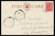CHRISTMAS ISLAND: CHRISTMAS ISLAND: 1908 (July 22) Caledonian Railway Company RP postcard from LOCHEARNHEAD, SCOTLAND bearing 1d Edward VII; addressed to "Mr. W.R. Darling, Christmas Island, Straits Settlements via Singapore" with double circle "PENANG T
