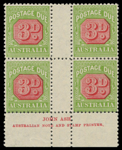 COMMONWEALTH OF AUSTRALIA: Postage Dues: 1931-36 (SG.D108) 3d Carmine & Yellow-Green, Ash Imprint block (N over EA) with variety "RA of AUSTRALIA joined". Superb & rare - 2 MUH, 2 MLH. BW:D118za. - $1500.