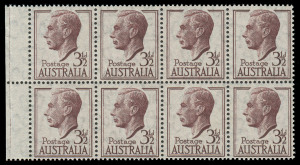 COMMONWEALTH OF AUSTRALIA: Other Pre-Decimals: 1951-53 (SG.247 var.) 3½d Brown-purple KGVI, left marginal block (8) on THIN PAPER; Superb MUH. BW.253a - $800.
