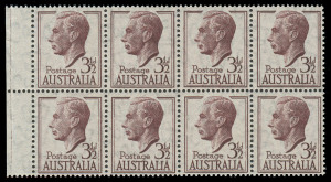 COMMONWEALTH OF AUSTRALIA: Other Pre-Decimals: 1951-53 (SG.247 var.) 3½d Brown-purple KGVI, left marginal block (8) on THIN PAPER; Superb MUH. BW.253a - $800.