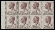 COMMONWEALTH OF AUSTRALIA: Other Pre-Decimals: 1951-53 (SG.247 var.) 3&frac12;d Brown-purple KGVI, left marginal block (8) on THIN PAPER; Superb MUH. BW.253a - $800.
