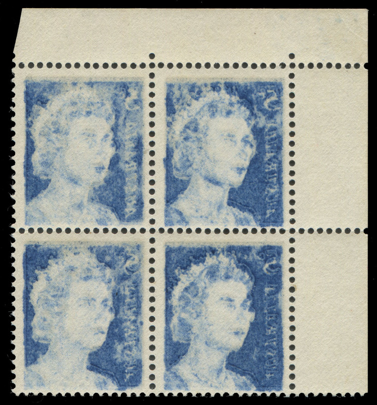 COMMONWEALTH OF AUSTRALIA: Decimal Issues: 1967 (SG.386c) 5c Blue QE2, upper left corner block (4) with EXCEPTIONALLY STRONG OFFSET to all units, MUH BW:444c - $300+.