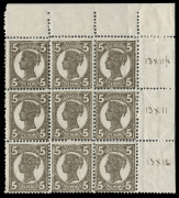 QUEENSLAND: June 1911 (SG.306; BW:Q38b) 5d Deep Brown, comb perf.13x11 to 12&frac12; with irregular vertical gauge: upper right corner block (8**,1*) showing vertical gauges of 11&frac12;, 11 & 12 se-tenant on rows 1 to 3. Interesting positional piece. BW.Cat.$1125 fo