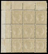 QUEENSLAND: June 1911 (SG.306; BW:Q38b) 5d Deep Brown, comb perf.13x11 to 12&frac12; with irregular vertical gauge: upper right corner block (8**,1*) showing vertical gauges of 11&frac12;, 11 & 12 se-tenant on rows 1 to 3. Interesting positional piece. BW.Cat.$1125 fo - 2