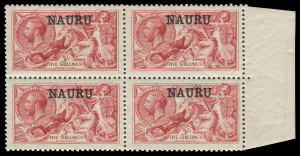NAURU: NAURU: 1916-23 Overprints on Great Britain Seahorses 5/- bright carmine (SG 22) marginal block of 4, the two right-hand units with variety Broken Left Foot of 'A', upper units lightly mounted, lower units unmounted, Cat £400++ (as mounted singles). A very attractive multiple.