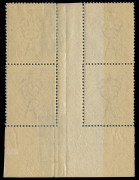 COMMONWEALTH OF AUSTRALIA: KGV Heads - Single Watermark: 4d Ultramarine Harrison Plates block of 4 with Harrison Two-Line Imprint BW #113(4)z, the right-hand pair separated including through the margin at base & rejoined, "suntanned" gum, Cat $17,500. [St - 2