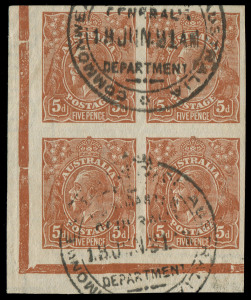 COMMONWEALTH OF AUSTRALIA: KGV Heads - Single Watermark: 5d Yellow-Brown Single-line Perf imperforate plate proof lower-left corner block of 4 [L49-50/55-56] in the issued colour on ungummed watermarked paper BW #122PP(3)A, margins large to enormous, canc