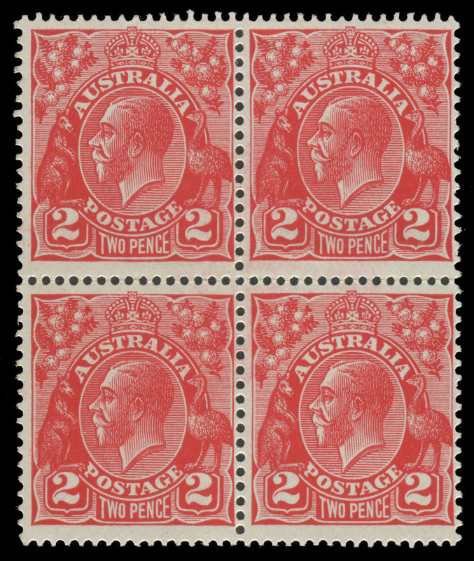 COMMONWEALTH OF AUSTRALIA: KGV Heads - Small Multiple Watermark Perf 13½ x 12½: 2d Scarlet Die III with No Watermark BW:102aa (SG.99ab) block of 4, the upper units are lightly mounted, the lower units are unmounted, Cat $20000+ (£5200++ mounted). Ex Greg