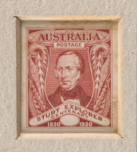 COMMONWEALTH OF AUSTRALIA: Other Pre-Decimals: 1930 Sturt Die Proof very similar to previous item but recessed in a larger mount (130x139mm), a similar label - but with the date omitted - affixed to the reverse, minor toning that does affect the proof, Cat. $20000. Ex Sir Harry Brown, Director-General of the Postmaster-General's Department and Walter Lederer.