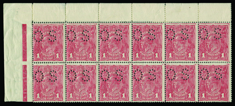 COMMONWEALTH OF AUSTRALIA: KGV Heads - Single Watermark: 1d Brownish Red Rough Paper punctured 'OS' G75, BW:72Nbb marginal block of 12 [L1-6/7-12] from Plate 3, Strong Compartment Lines especially at the left & top of all six upper units, stamps unmounte