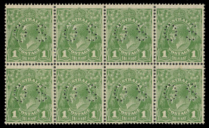 COMMONWEALTH OF AUSTRALIA: KGV Heads - Small Multiple Watermark Perf 13½ x 12½: 1d Green perforated OS Plate 1 block of 8 [R49-52/55-58] comprising four Die I-II pairs BW:81(1)ic, one Die 1 unit with a hinge remainder, otherwise unmounted, Cat $2200+.