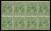 COMMONWEALTH OF AUSTRALIA: KGV Heads - Small Multiple Watermark Perf 13&frac12; x 12&frac12;: 1d Green perforated OS Plate 1 block of 8 [R49-52/55-58] comprising four Die I-II pairs BW:81(1)ic, one Die 1 unit with a hinge remainder, otherwise unmounted, Cat $2200+.