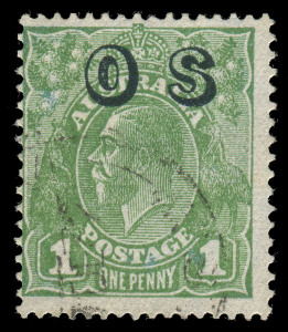 COMMONWEALTH OF AUSTRALIA: KGV Heads - CofA Watermark: 1d Green Overprinted 'OS' with the Watermark Reversed BW:82(OS)aa, lightly cancelled, Cat. $2500. (SG.O129x - £900).
