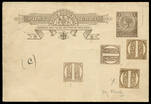 POSTAL CARDS: 1899-1905 1d dark brown postal card, local Die (with spur at lower R corner), overprinted with an ornate square design in four different shades of brown. Annotations incl. manuscript "(c)' and "try Black", believed to be a UNIQUE printer's essay to colour match a new printing.