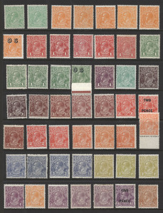 COMMONWEALTH OF AUSTRALIA: KGV Heads - Collections & Accumulations: Mixed mint group including ½d to 5d, different wmks, shades etc., some plateable; 7 different imprint pairs, 1d Green (4), 1½d Red, 1½d Brown, 1½d o'pt TWO PENCE and 2d o'pt OS. Also Used 4d Oranges with 10 different shades incl. 3 scarcer shades with the Pale orange-yellow, lemon and lime yellows. Majority fine condition. (60+)