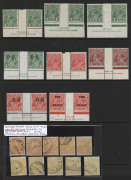 COMMONWEALTH OF AUSTRALIA: KGV Heads - Collections & Accumulations: Mixed mint group including &frac12;d to 5d, different wmks, shades etc., some plateable; 7 different imprint pairs, 1d Green (4), 1&frac12;d Red, 1&frac12;d Brown, 1&frac12;d o'pt TWO PENCE and 2d o'pt OS. Also Used - 2