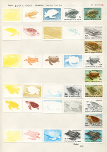 PAPUA NEW GUINEA: PROOFS: 1984 (SG.472-77) Marine Turtles series: complete set of Courvoisier's original colour separations and the completed designs; all imperforate and affixed to the official archival album page [#1917/17]. SUPERB & UNIQUE. (33 items)