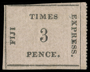 FIJI: FIJI: 1870-71 (SG.6) 3d "TIMES EXPRESS" black on rose, laid batonne paper; rouletted [Position 9]. A very fresh example with roulettes clearly visible at right. Cat.&pound;1800. With Brandon Certificate of Authenticity [2010].