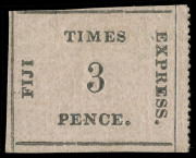 FIJI: FIJI: 1870-71 (SG.6) 3d "TIMES EXPRESS" black on rose, laid batonne paper; rouletted [Position 9]. A very fresh example with roulettes clearly visible at right. Cat.&pound;1800. With Brandon Certificate of Authenticity [2010].