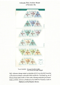 COMMONWEALTH OF AUSTRALIA: Decimal Issues: 1994 ATM Sheetlet trial printing with stamp designs showing kangaroo facing left. Used for field testing through ATM machines in Sydney, this example was retained by the Advance Bank instead of being returned to Sprintpak. It also has 2 thin diagonal lines through the designs & each stamp is a single colour instead of the colour combination of the issued sheets, both printings of which accompany the trial. (3 items). BW: 1784E (1), 1791c & 1791ca. (3 it
