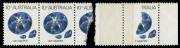 COMMONWEALTH OF AUSTRALIA: Decimal Issues: 1974-80 (SG.552) 10c Star Sapphire: two remarkable horizontal strips of 3, both showing the dramatic effect of printing (the last unit at right) over a paper join. The strips, originally joined, are in 2 states: - 3