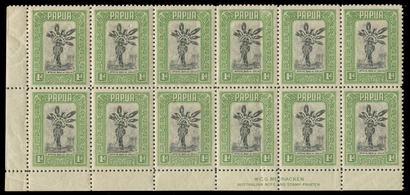 PAPUA: PAPUA: 1932 (SG.131) 1d Steve, Son of Oala, McCracken Imprint block of (12), MUH but with natural paper fold through 2 units. Very scarce.