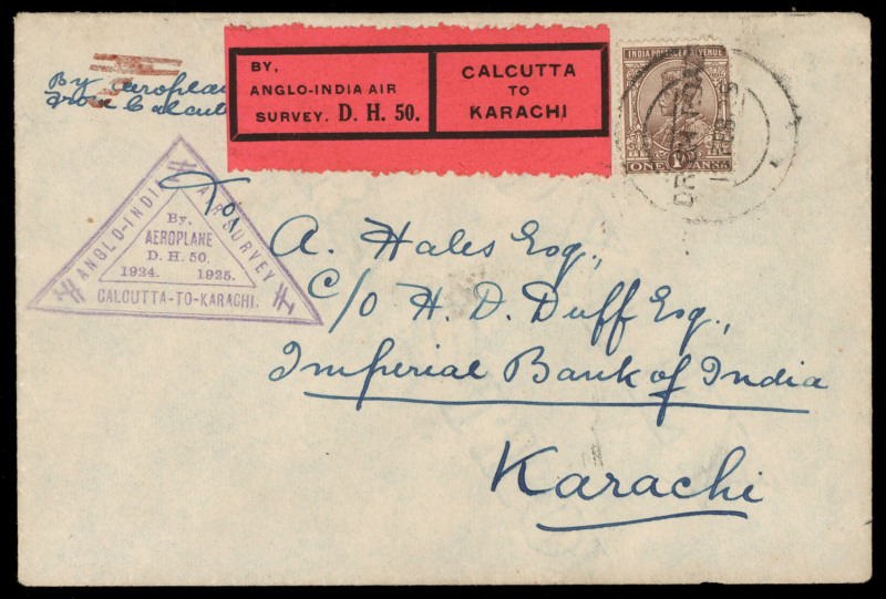 INDIA - Aerophilately & Flight Covers: INDIA - Aerophilately & Flight Covers: THE 1925 ANGLO-INDIA AIR SURVEY BY COBHAM: 1925 (18 Feb.) Calcutta - Karachi flight by Cobham and Elliott, envelope bearing 1a. with black on magenta "By/Anglo-India Air/Survey