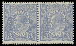 COMMONWEALTH OF AUSTRALIA: KGV Heads - Small Multiple Watermark Perf 13½ x 12½: 3d Blue, horizontal pair (2) being Types B+A, both with minor flaws in the wattles at left and right respectively. MVLH. BW:107c - $275+. Centred right; fresh.