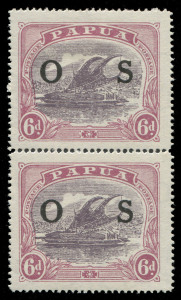 PAPUA: PAPUA: OFFICIALS: 1931-32 (SG.O62, O62a) 6d Lakatoi OS Overprinted vertical pair, the lower unit (MUH) with "POSTACE" variety. The upper unit Mint. (2).