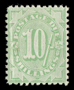 COMMONWEALTH OF AUSTRALIA: Postage Dues: 1909 (SG.D61) 10/- dull green (with stroke after value), fine and fresh MLH. BW.D64. Cat.£2500; $4250.Very rare. The commentary in Brusden White (ACSC at p10/82) includes "It is suggested that at least 50 examples 