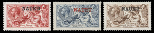 NAURU: NAURU: 1916-23 Seahorse Overprints 2/6, 5/- and 10/-, all MVLH. A delightful, fresh set. (3). The 2/6 with scarce variety "Broken left foot of A in NAURU".