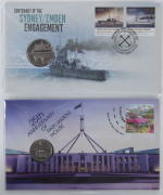 Coins & Banknotes: Philatelic Numismatic Covers - PNCs: 2013 20c 25th Anniversary of Parliament House PNCs (5) and 2014 50c Centenary of the Sydney/Emden Engagement PNCs (5). Issue Price: $15.95 each.